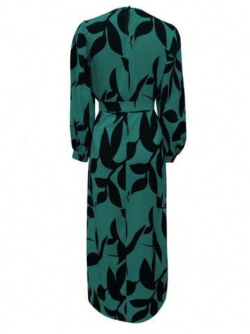 Botanical Print Lantern Sleeve Dress shein