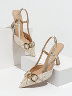 Women's Embroidery Chain Decor Pointed Toe Slip-On High Heel Sandals shein