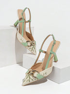 Women's Embroidery Chain Decor Pointed Toe Slip-On High Heel Sandals shein