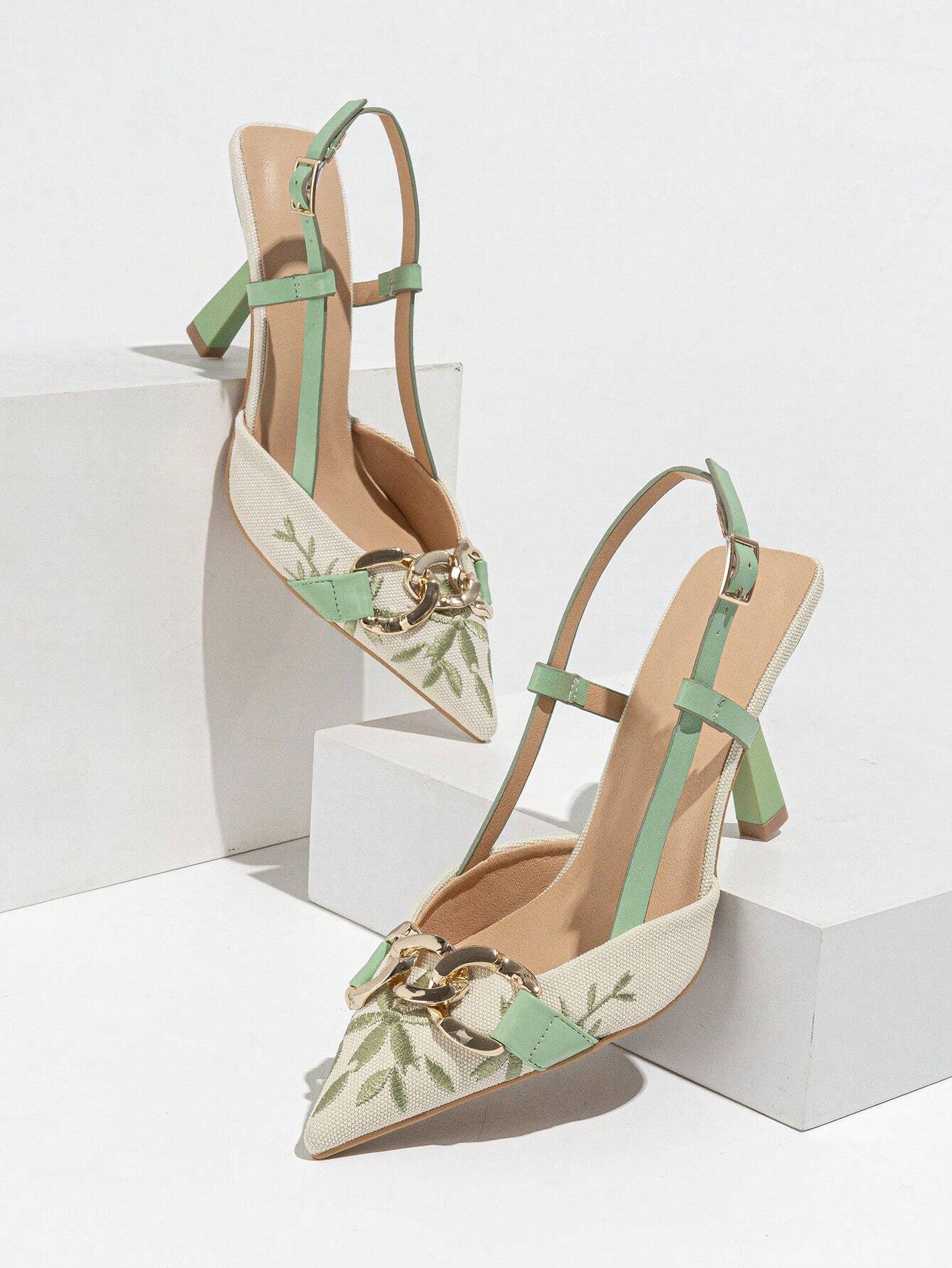 Women's Embroidery Chain Decor Pointed Toe Slip-On High Heel Sandals shein