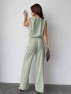 Privé Solid Color Round Neck Pleated Top And Wide Leg Pants shein