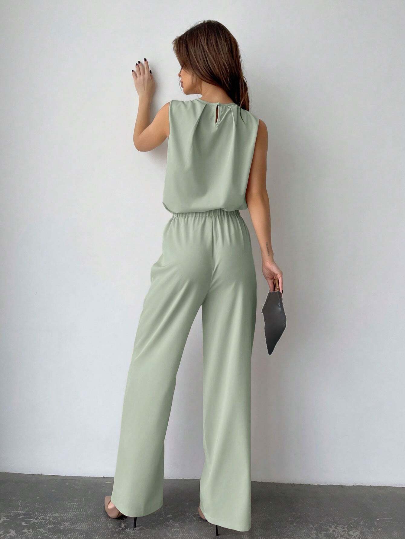 Privé Solid Color Round Neck Pleated Top And Wide Leg Pants shein
