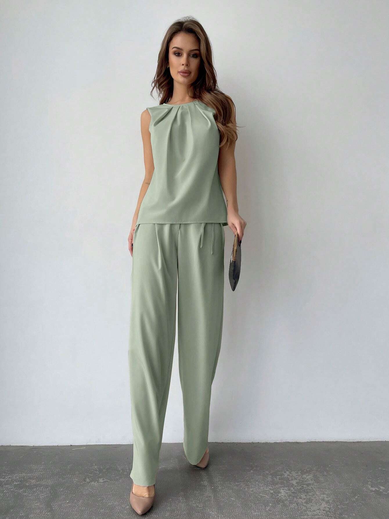 Privé Solid Color Round Neck Pleated Top And Wide Leg Pants shein
