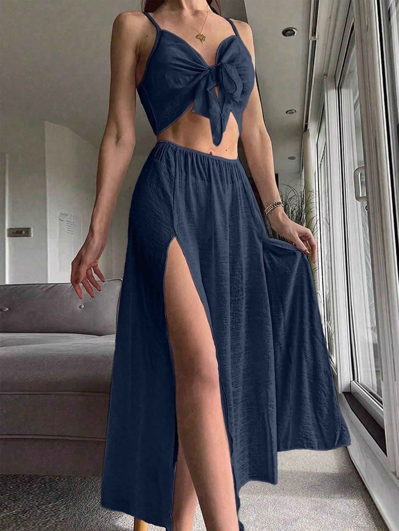 Swim Summer Beach Solid Knot Front Cover Up Top & Split Thigh Skirt shein