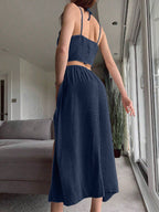 Swim Summer Beach Solid Knot Front Cover Up Top & Split Thigh Skirt shein