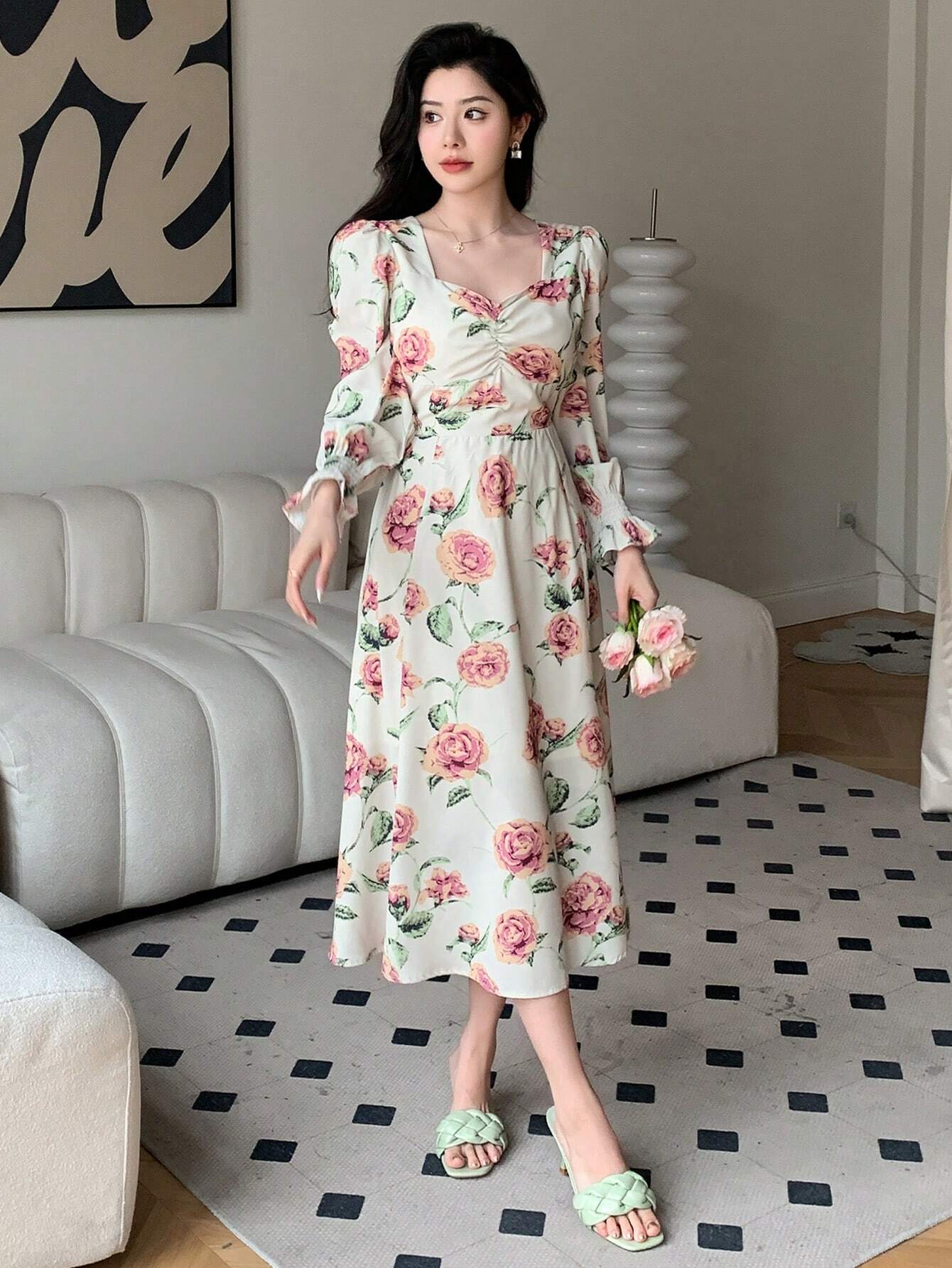 DAZY Floral Print Flounce Sleeve Ruffle Hem Dress shein