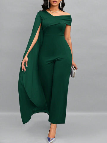 Lady Asymmetrical Neck Cloak Sleeve Wide Leg Jumpsuit shein