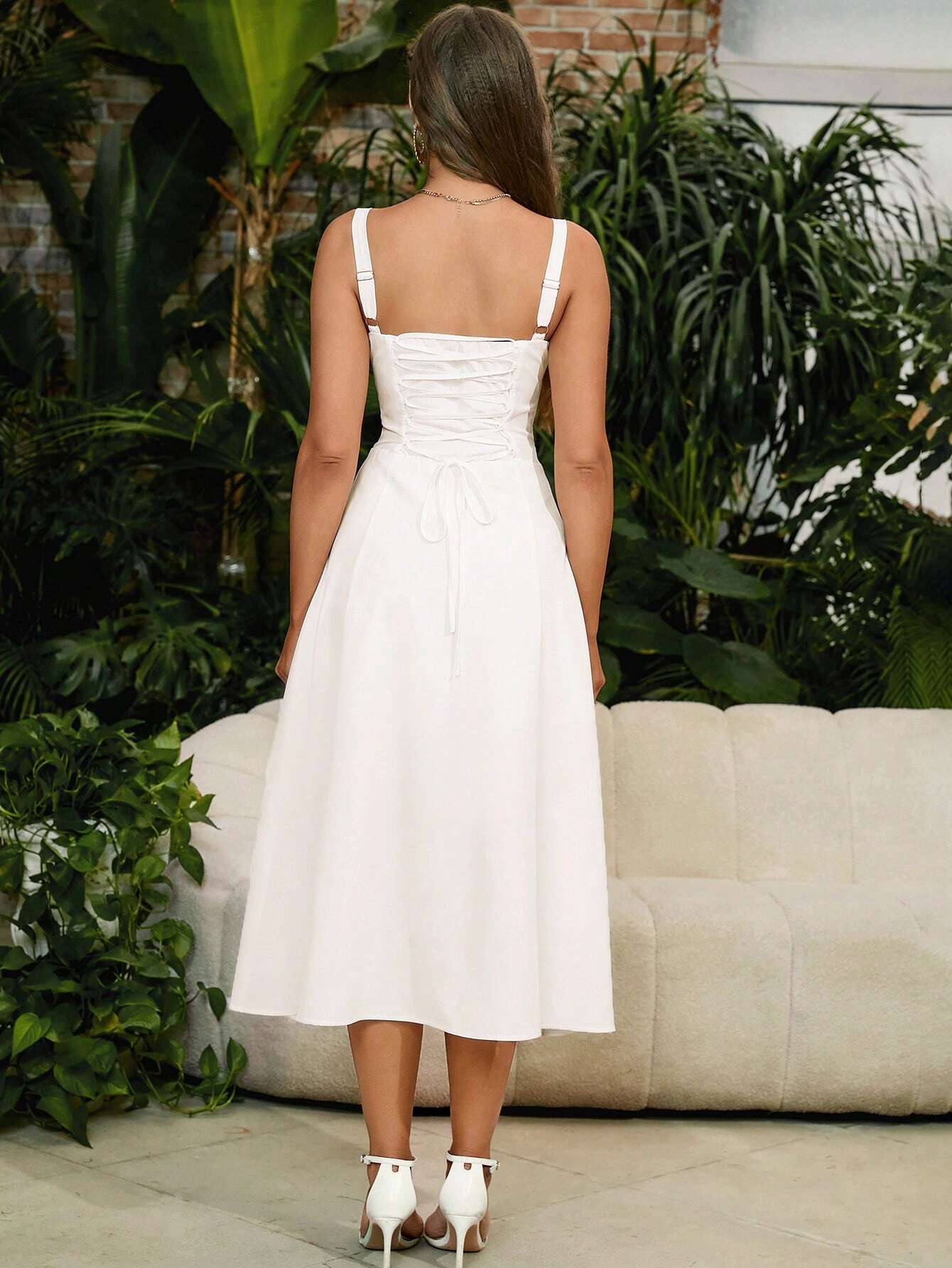 PARTHEA Backless Crisscross Lace Up Ruched Boning Corset Cami Dress Shein