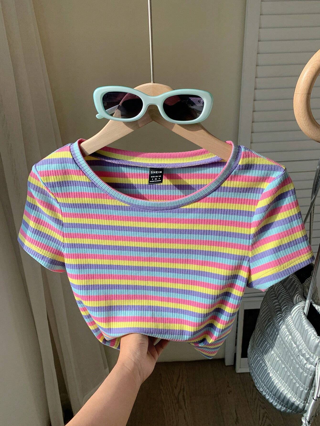 EZwear Colorful Striped Knit Slim-Fit Women\ T-Shirt shein