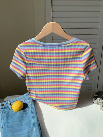 EZwear Colorful Striped Knit Slim-Fit Women\ T-Shirt shein