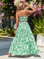 VCAY Floral Printed Spaghetti Strap Twist Front Sleeveless Top And Ruffled Hem Skirt shein