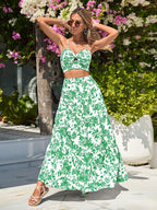VCAY Floral Printed Spaghetti Strap Twist Front Sleeveless Top And Ruffled Hem Skirt shein