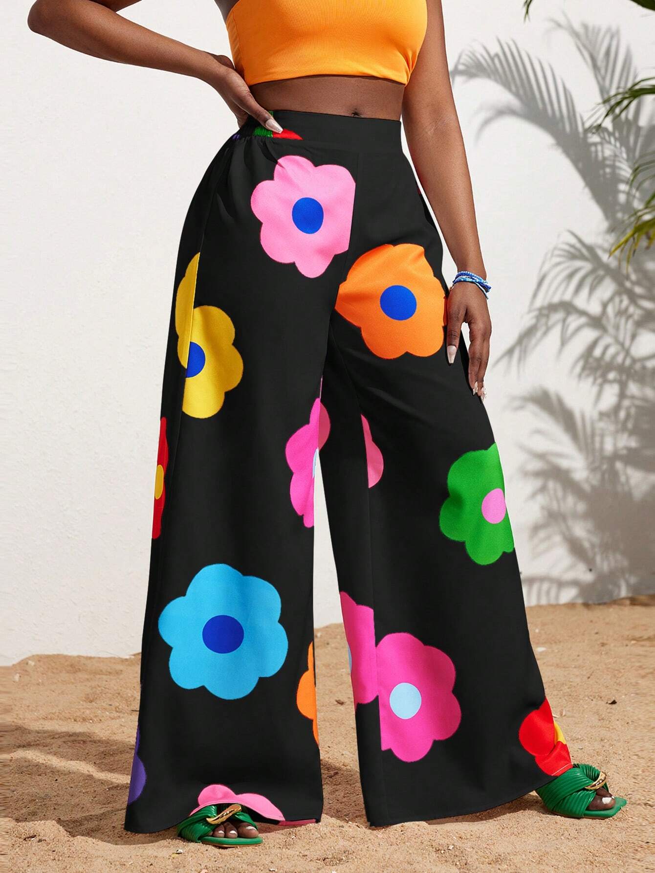 Slayr Summer Casual Vacation Colorful Flower All-Over Printed Wide-Leg Pants shein