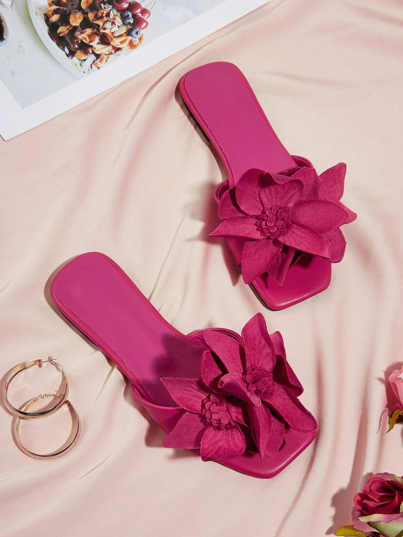 Elegant Floral Rose Pink Square Toe Flat Sandals shein