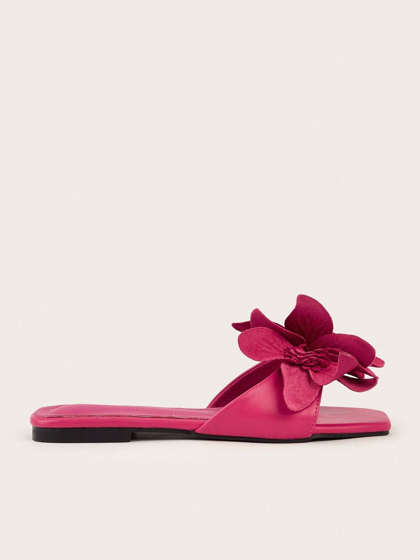 Elegant Floral Rose Pink Square Toe Flat Sandals shein