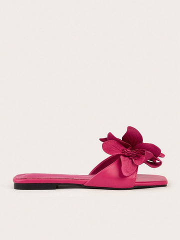 Elegant Floral Rose Pink Square Toe Flat Sandals