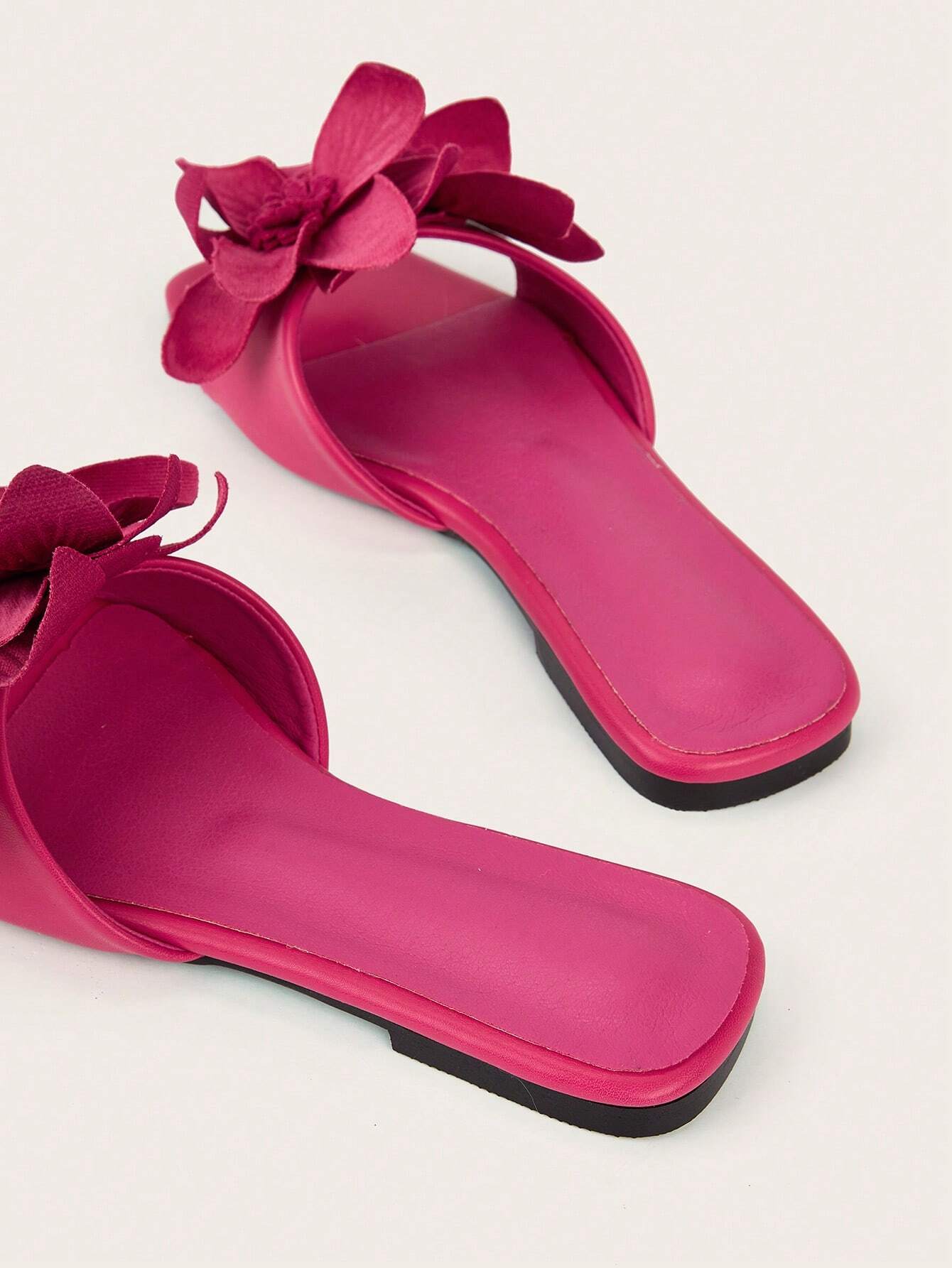 Elegant Floral Rose Pink Square Toe Flat Sandals shein