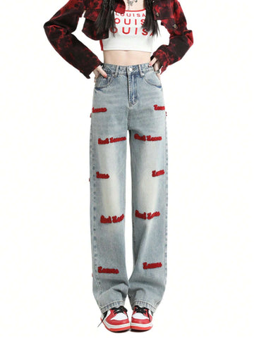 Letter Graphic Wide Leg Jeans shein