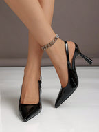 Women's Pointed Toe Fashion Button Detail Patent Leather Slip-On Heeled Pumps shein