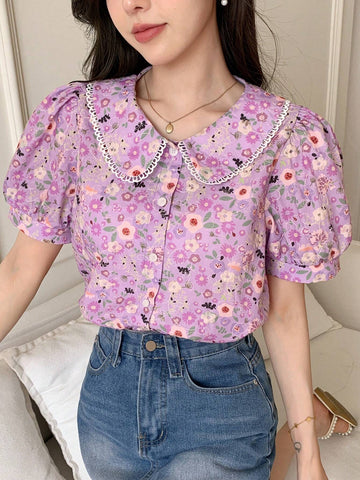 DAZY Floral Embroidery Peter Pan Collar Puff Sleeve Shirt shein