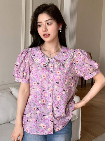 DAZY Floral Embroidery Peter Pan Collar Puff Sleeve Shirt shein