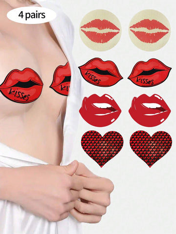 4 Pairs Disposable Women Nipple Cover Lips Shape No Trace Anti-Exposure Sexy Chest Stickers shein