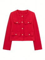 Women's Elegant Casual Tweed Jacket Round Neckline Decorated Long Sleeves Solid Colour Coat shein