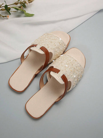 Women Fish Scale Sequin Decorated Open Toe Slip-On Flat Sandals shein