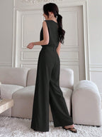 DAZY 2pcs Solid Color Round Neck Slit Sleeveless Top & Wide Leg Pants Set shein