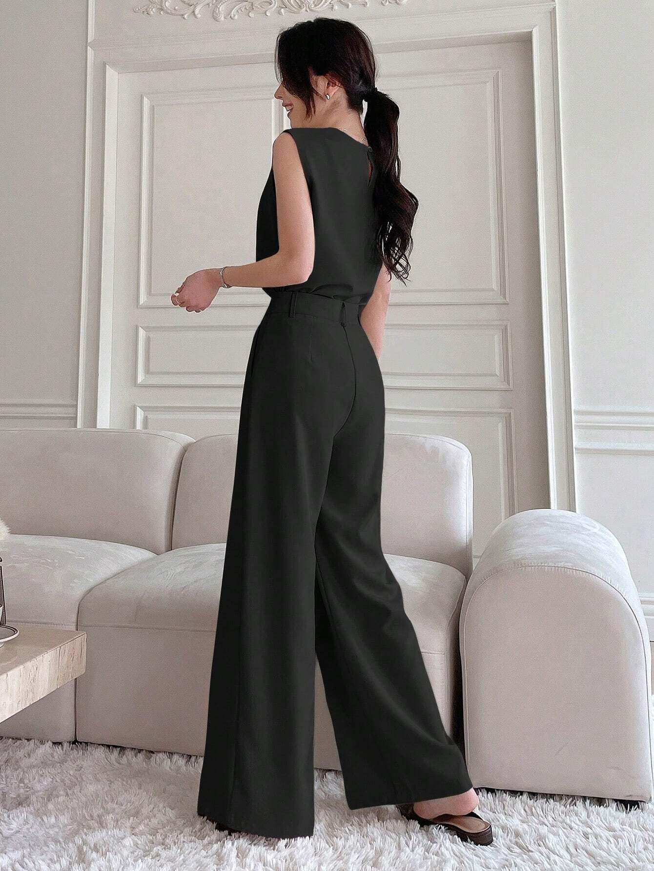DAZY 2pcs Solid Color Round Neck Slit Sleeveless Top & Wide Leg Pants Set shein
