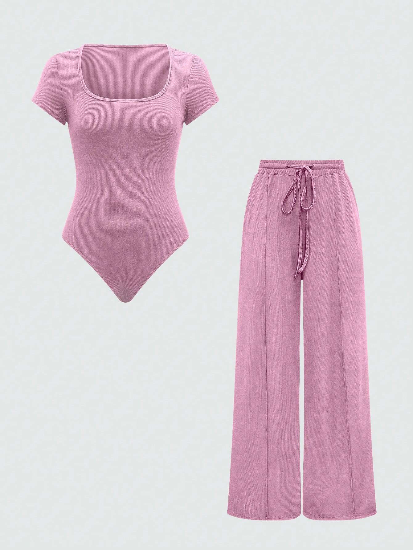 EZwear Plain Color Asymmetric Hem Top And Pants Two Piece Set shein