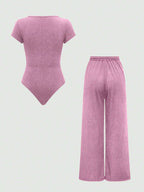 EZwear Plain Color Asymmetric Hem Top And Pants Two Piece Set shein