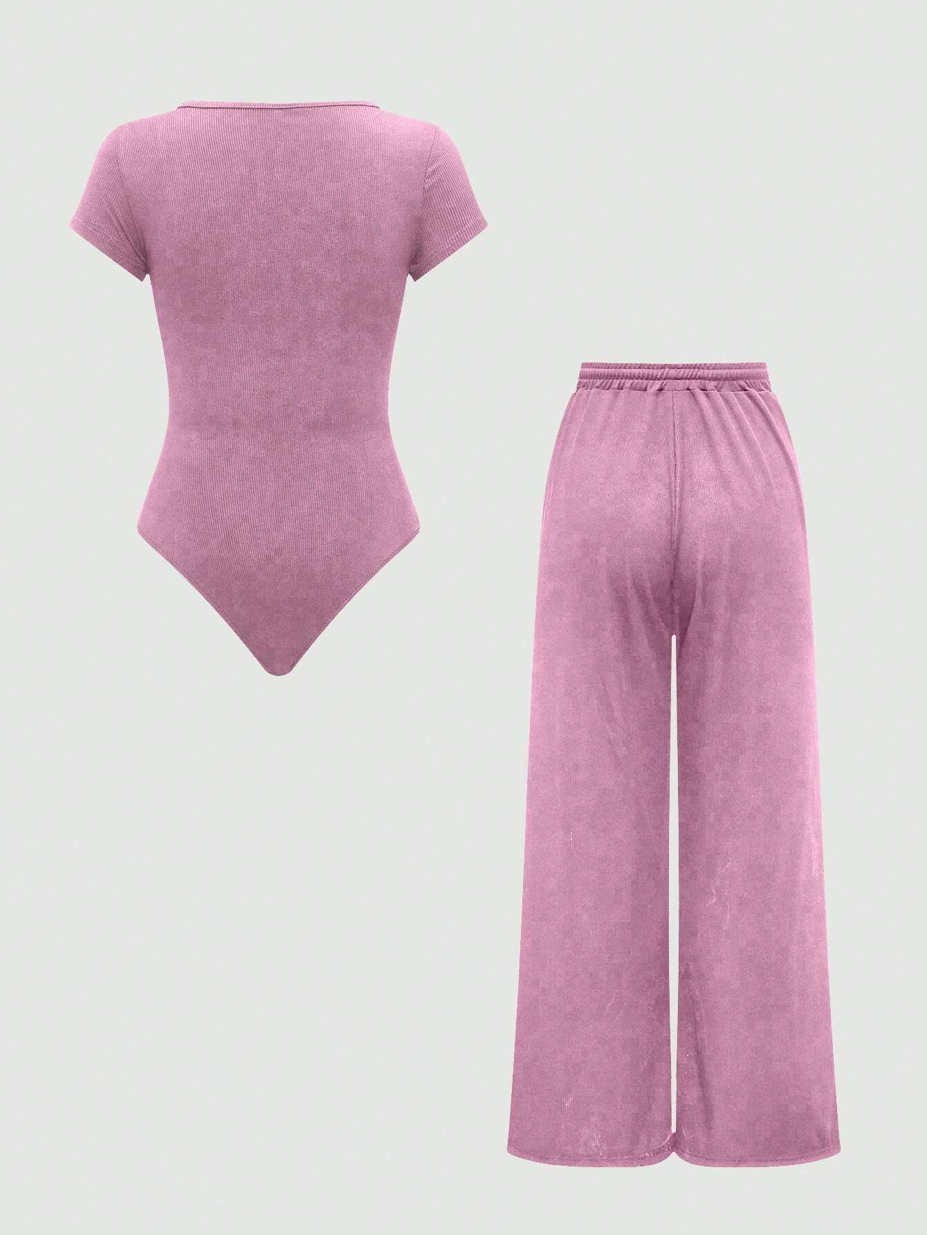 EZwear Plain Color Asymmetric Hem Top And Pants Two Piece Set shein