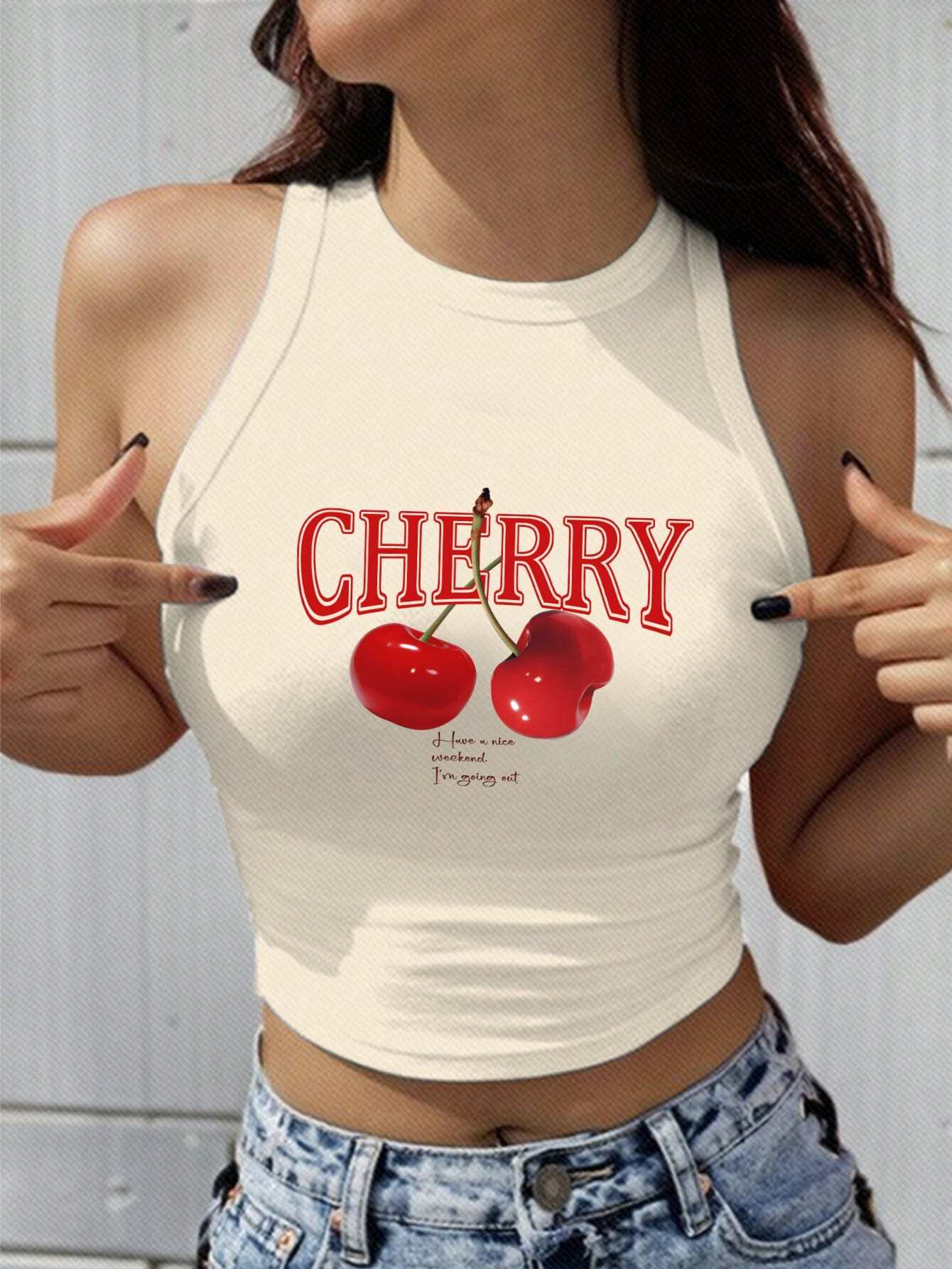 EZwear Women's Cherry Pattern Casual Simple Slim Fit Crop Tank Top shein