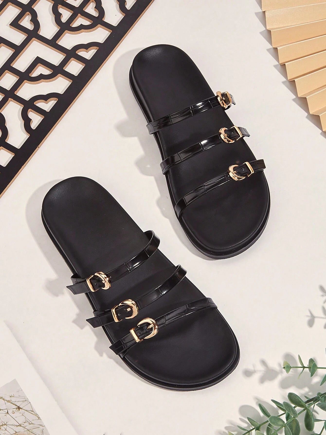 Metal Buckle Flat Sandals shein