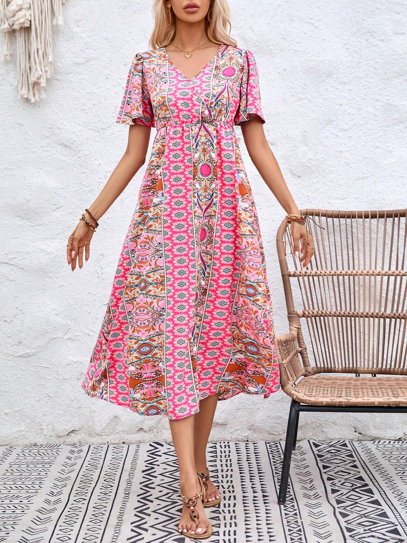 VCAY Women'S Colorblock Printed Summer Dress Shein