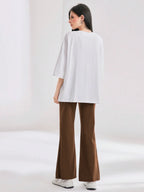 Mulvari Women Spring/Summer Casual Loose Fit Drop Shoulder Short Sleeve Top And Flared Pants Set shein
