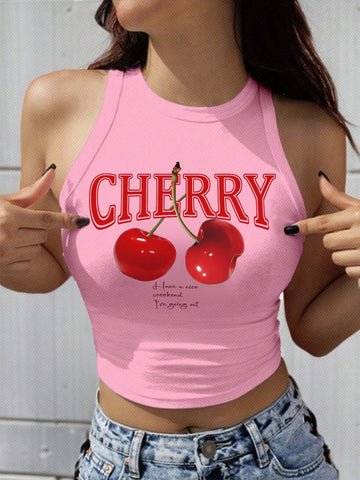 EZwear Women's Cherry Pattern Casual Simple Slim Fit Crop Tank Top