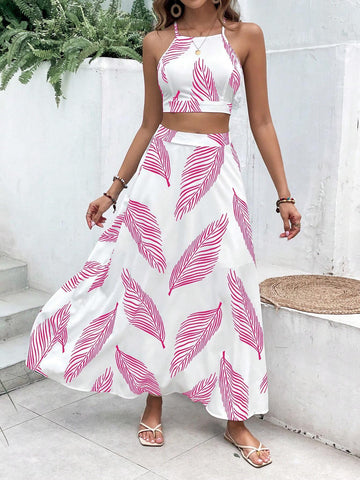 VCAY Summer Beach Tropical Print Tie Backless Cami Top & Split Thigh Skirt Two Piece Set