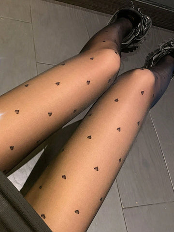 Women Heart Pattern Black Pantyhose Suitable For Matching With Skirt