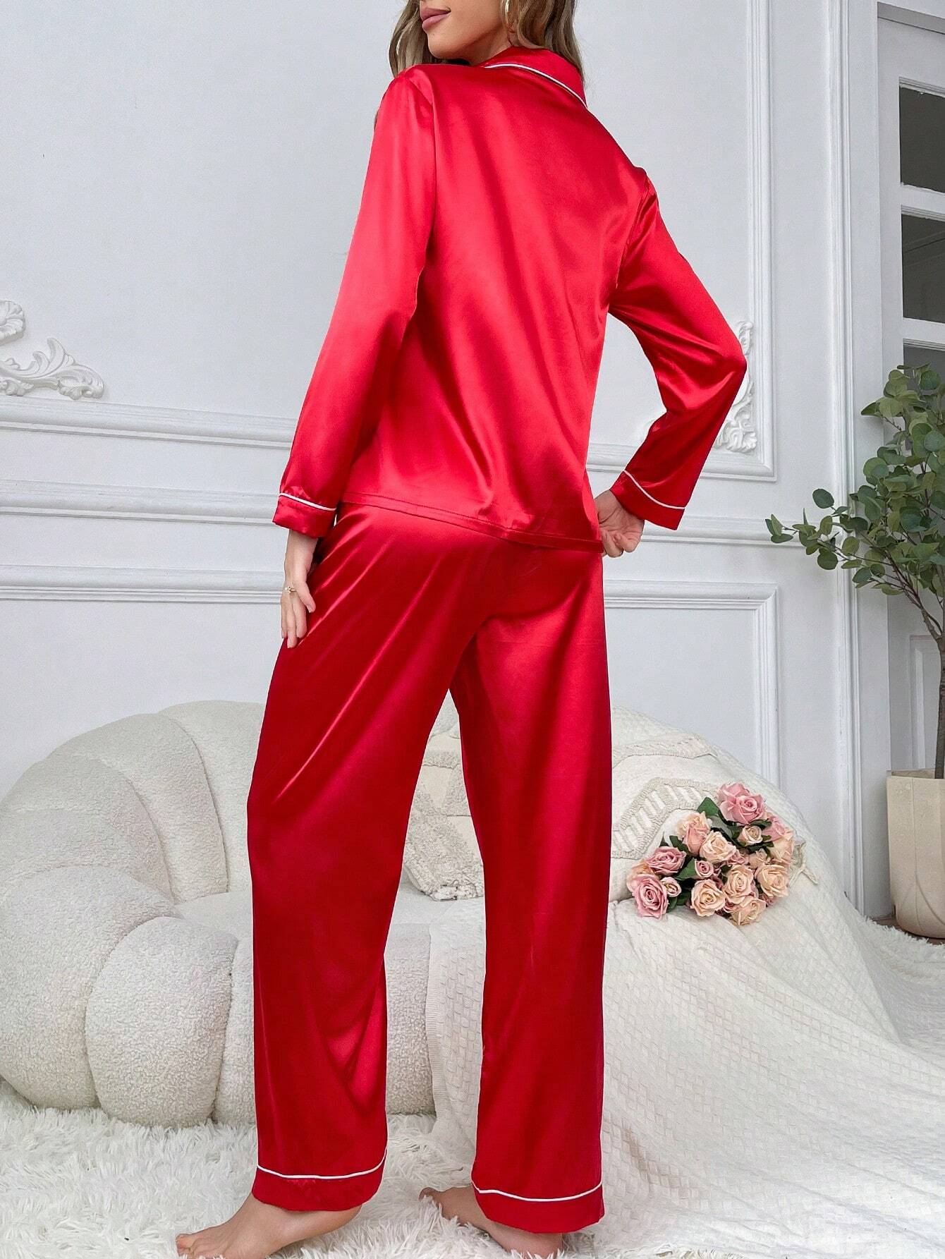 Women's Contrast Banded Collar Long Sleeve Pants Pajama Set shein