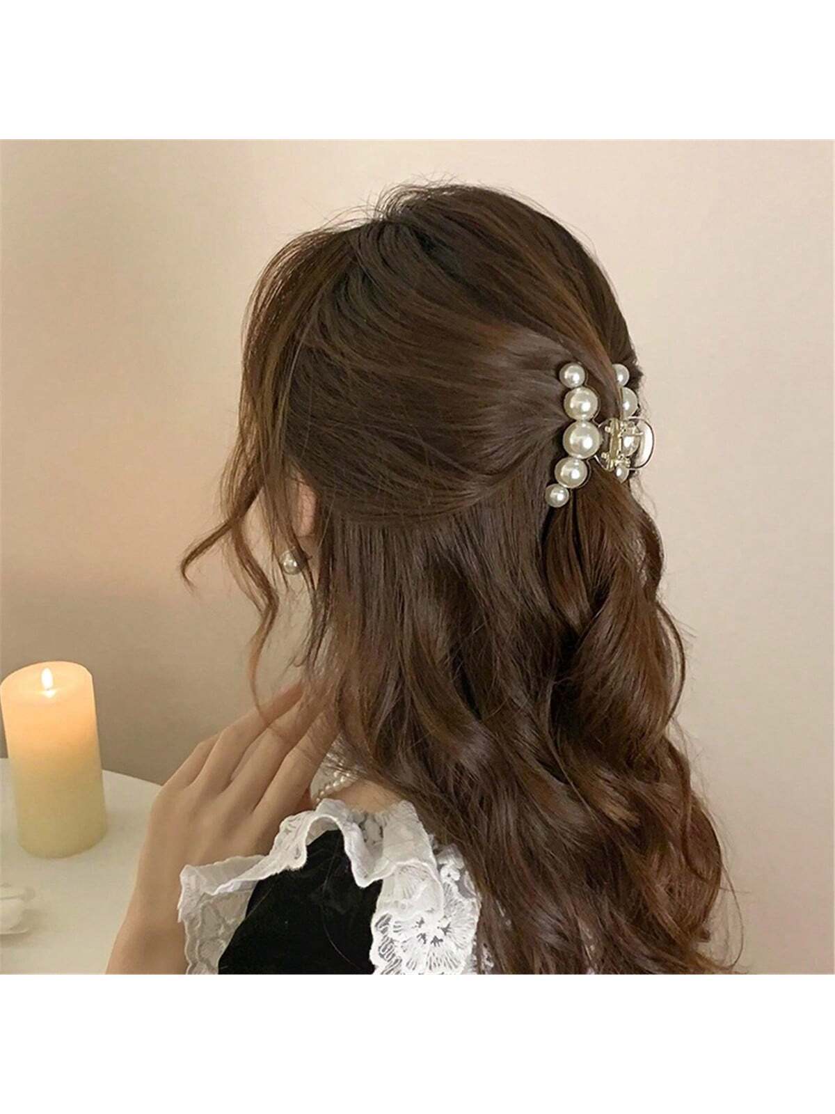 1pc Female Faux White Pearl Decorative Hair Clip, Hair Claw