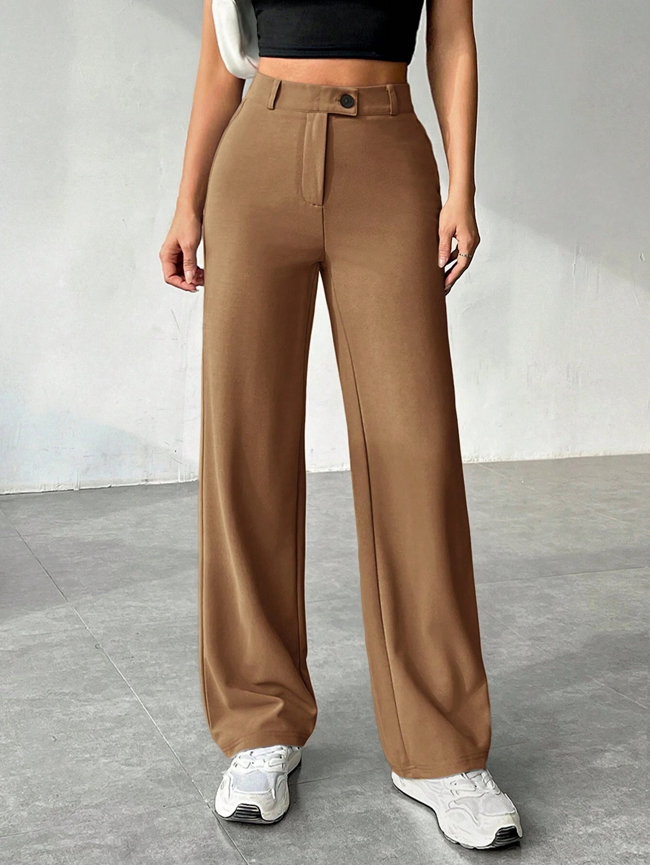 EZwear Women's Solid Color Straight Leg Casual Pants shein