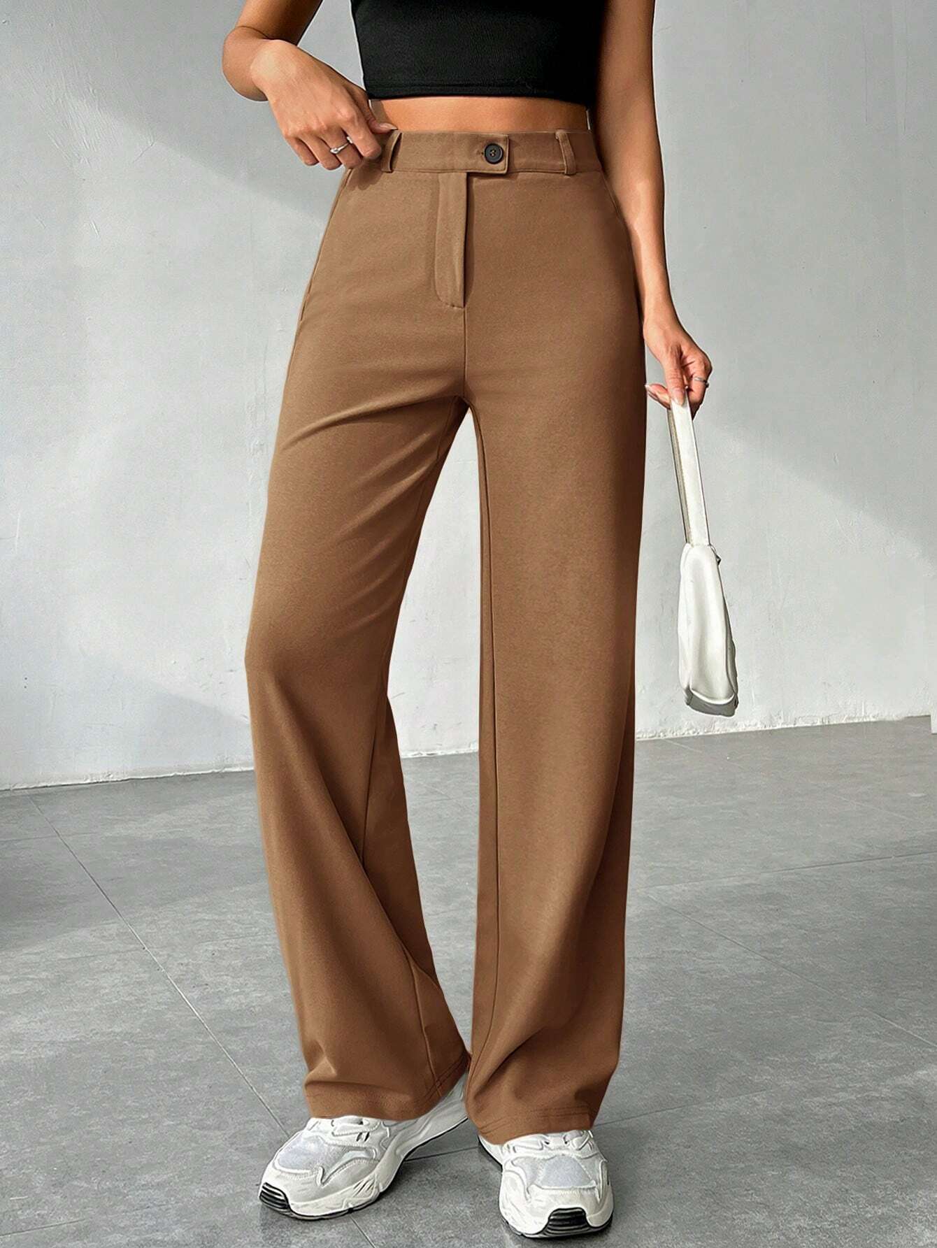 EZwear Women's Solid Color Straight Leg Casual Pants shein