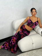 BAE Elegant Vacation Mesh Floral Printed Crop Cami Top & Skirt Set shein