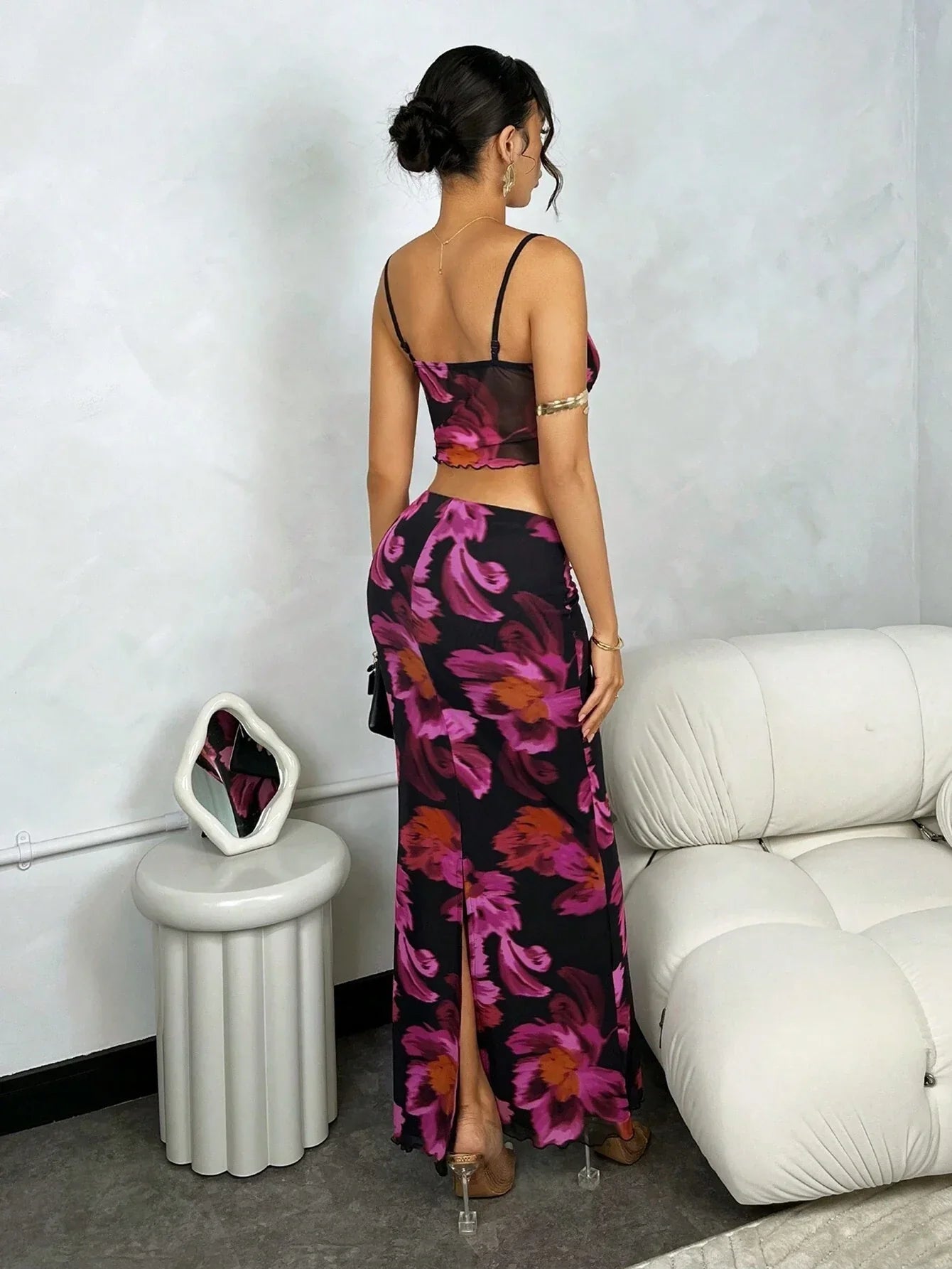 BAE Elegant Vacation Mesh Floral Printed Crop Cami Top & Skirt Set shein