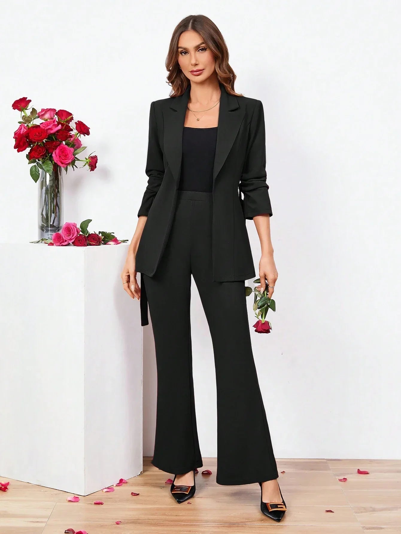 Clasi Ladies Belted Three-quarter Sleeve Suit With Pleats shein