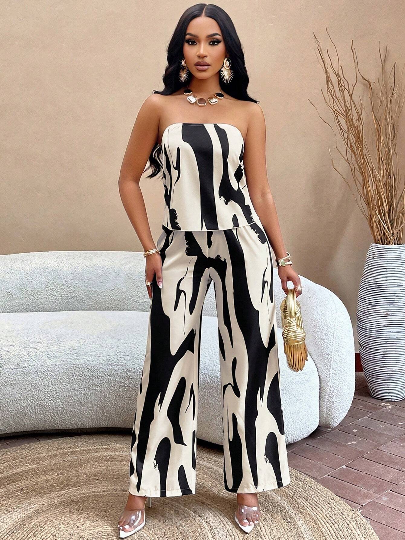 Slayr Geo Print Draped Back Tube Top & Wide Leg Pants Set shein
