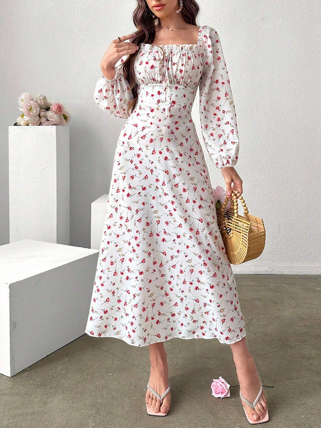 Mulvari Women's Floral Print Square Neck Lantern Sleeve Dress shein