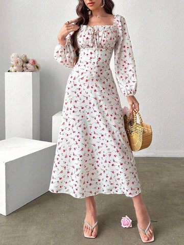 Mulvari Women's Floral Print Square Neck Lantern Sleeve Dress shein